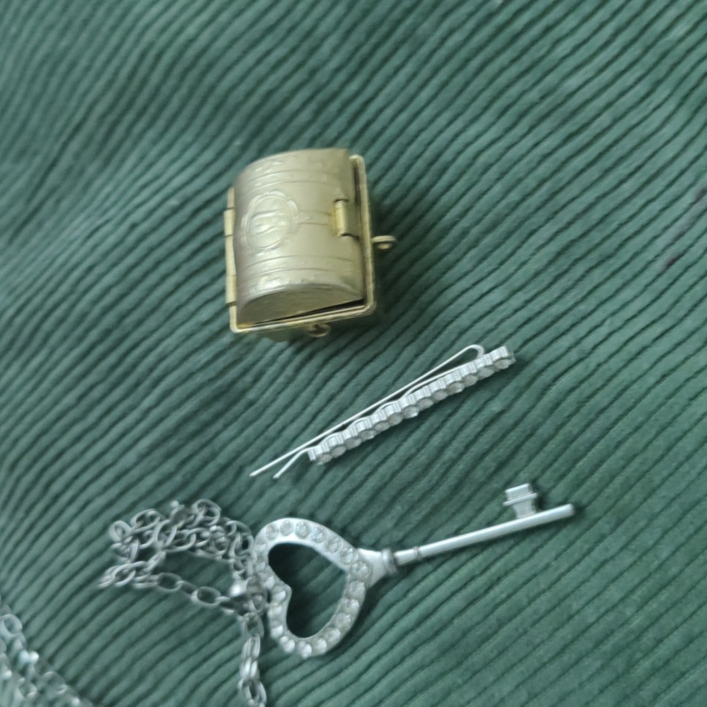 3 piece set jewelry necklace   box and a hair pin .